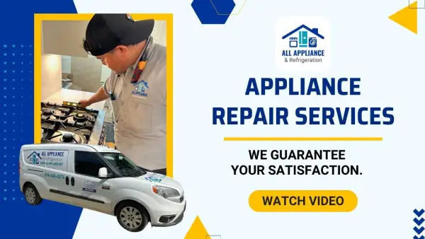 A promotional graphic for 'All Appliance & Refrigeration' with two images, one of a technician working on a cooktop and another of a company service van. The text reads 'APPLIANCE REPAIR SERVICES' and 'WE GUARANTEE YOUR SATISFACTION.'